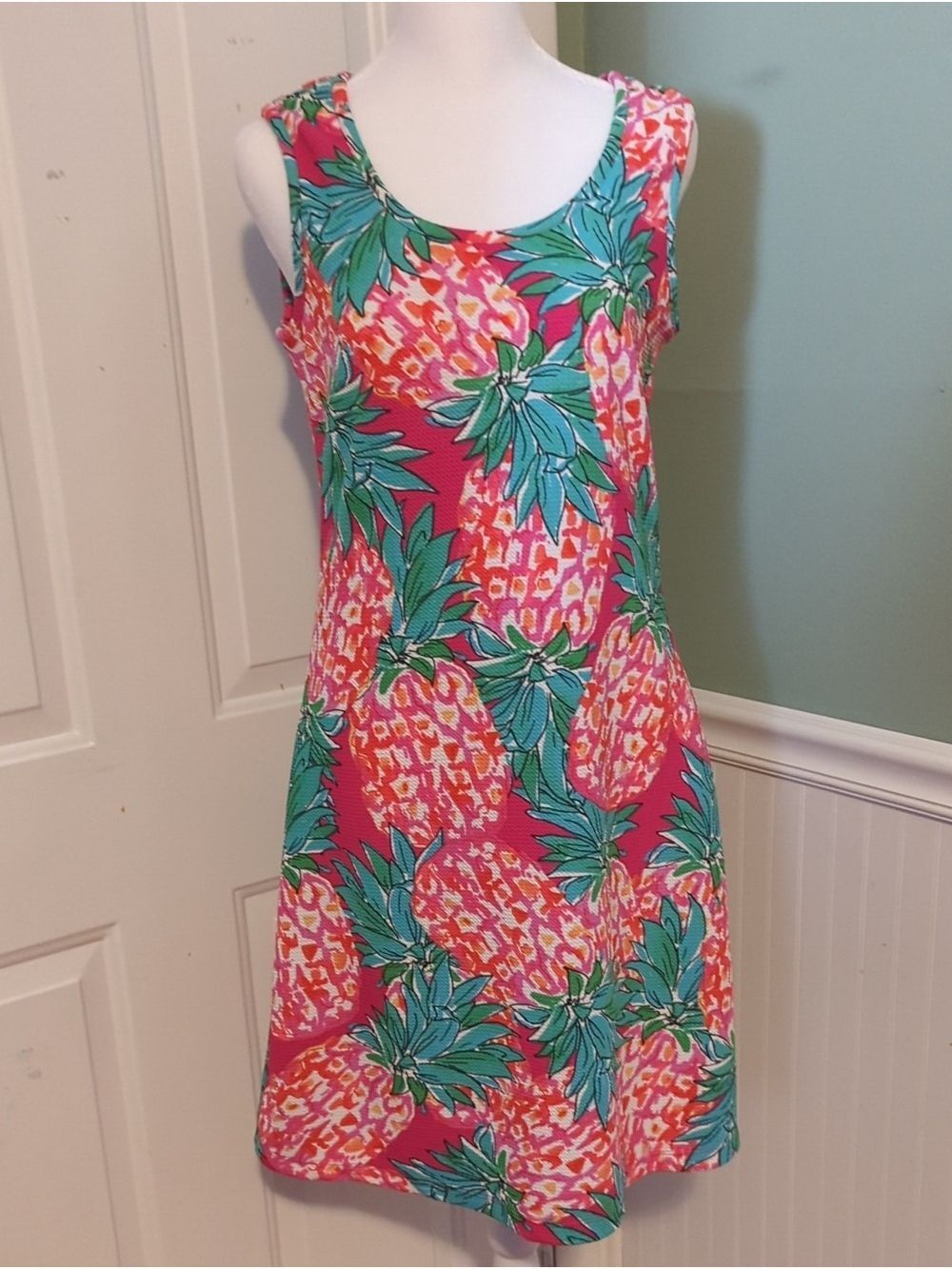 Ronni Nicole Hot Pink Tropical Trim Sleeveless Midi Dress Pineapple Design Small
